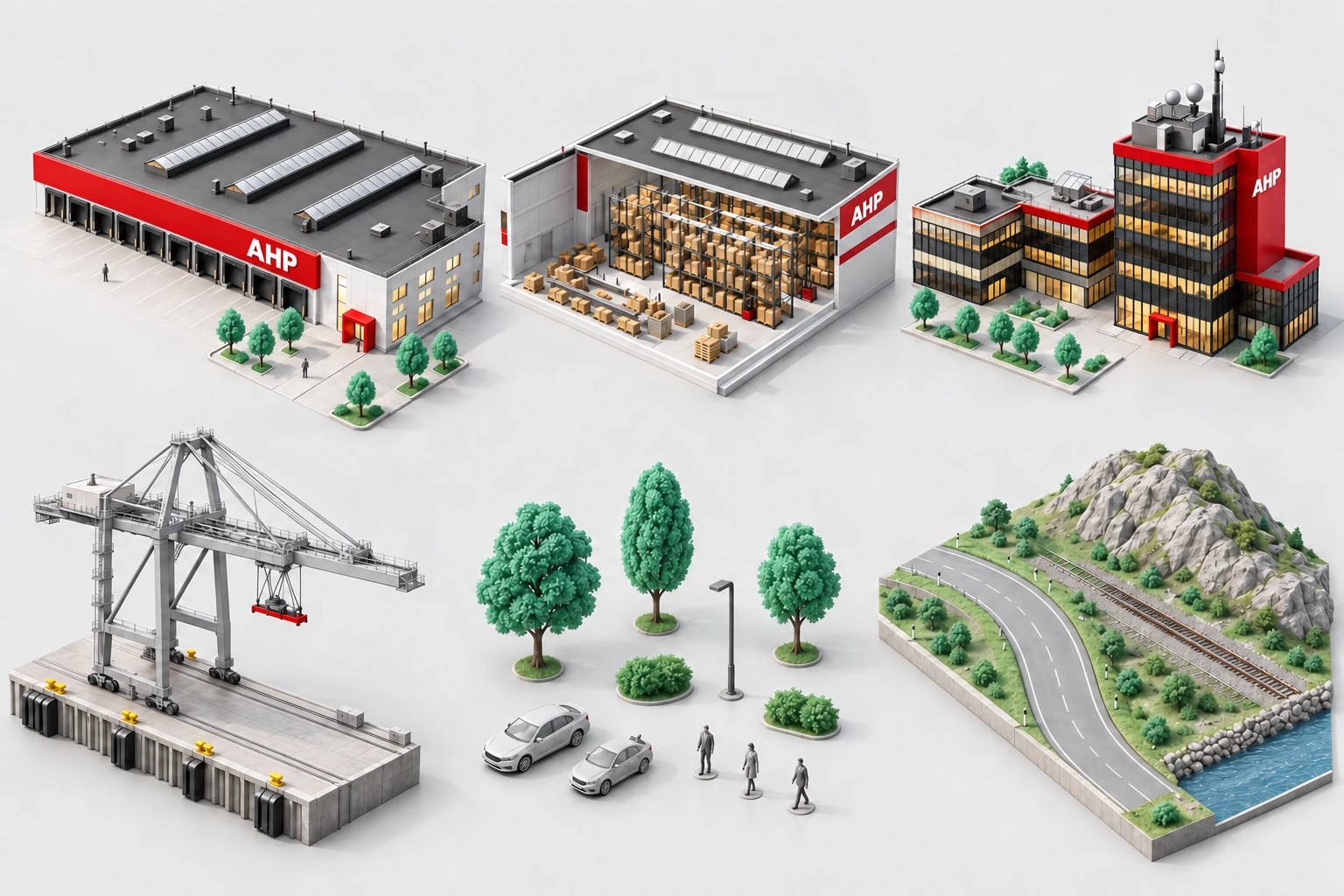 AHP miniature warehouses, headquarters, port crane and detailed landscape models